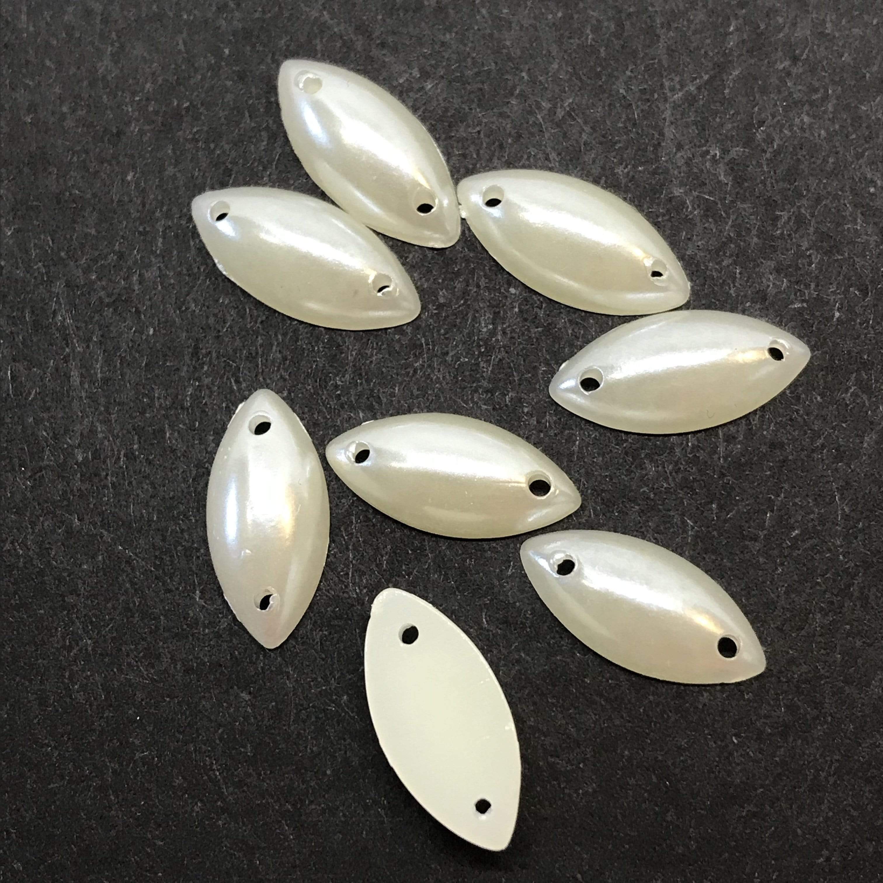 7*15mm Pearl Ivory & White Navette/Horse Eye with sew on holes, Pearl Resin Gem (Sold in 12 pcs) - Image 3